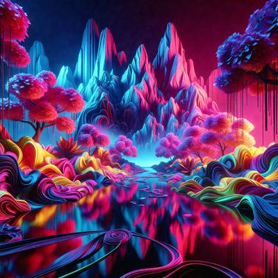 The primary subject of the image is a vibrant, colorful landscape featuring a river surrounded by trees and mountains. The setting is a digital artwork, with a surreal and fantastical atmosphere. The visual style is a mix of digital art and illustration, creating a unique and captivating scene. The dominant colors in the image are pink, blue, and purple, which contribute to the overall mood of the artwork.